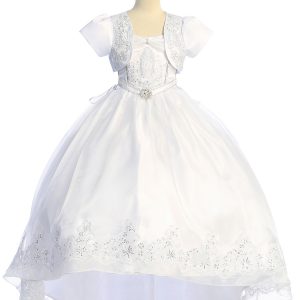 Satin First Communion Gown with Train and Virgin Mary Bolero