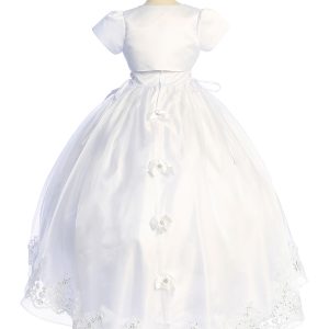 Satin First Communion Gown with Train and Virgin Mary Bows