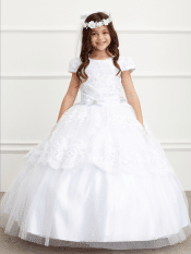 Short Sleeved First Communion Lace Peplum Long Length Dress