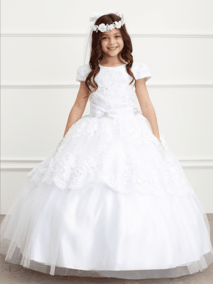 Short Sleeved First Communion Lace Peplum Long Length Dress