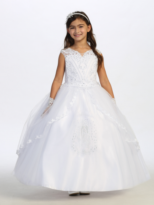 Spanish First Communion Rhinestone Studded Bodice with a Split Lace Skirt and Maria