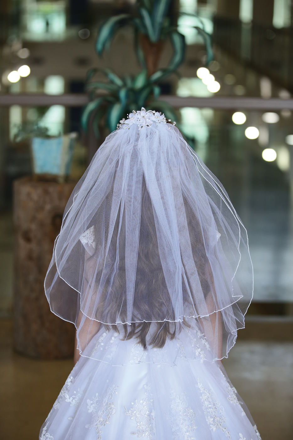 First Communion Veil with Flowers and Crystals on Comb