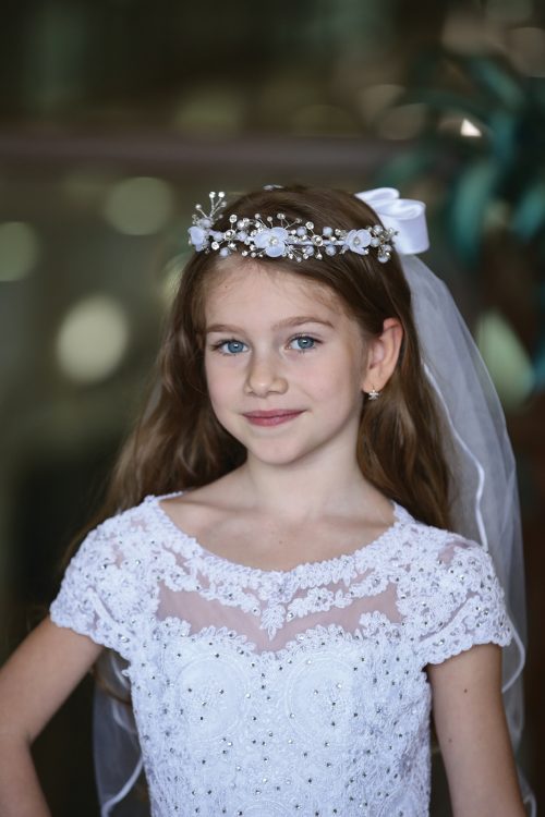 First Communion Wreath and Veil with Flowers and Crystals