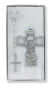Guardian Angel Crib cross and Rosary Set Boxed