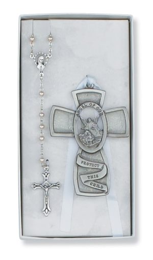 Guardian Angel Crib cross and Rosary Set Boxed
