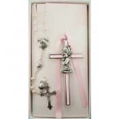 Pink Crib Cross and Pink Rosary Set Boxed