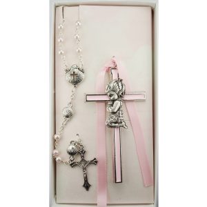 Pink Crib Cross and Pink Rosary Set Boxed