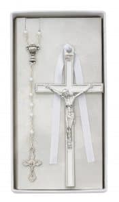 White Crucifix and Communion Rosary Set Boxed