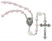 Pink Pearl Glass Miraculous Rosary Boxed