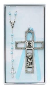 Blue Rosary with Boy Cross Set Boxed
