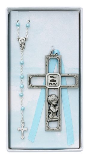 Blue Rosary with Boy Cross Set Boxed