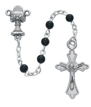 Black Glass Communion Rosary with Cross Boxed