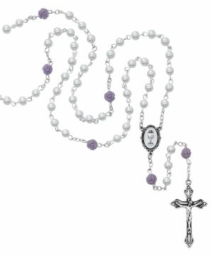 White Pearl Glass Communion Rosary Boxed
