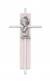 6in Pink Wood Praying Girl on Silver Cross Boxed