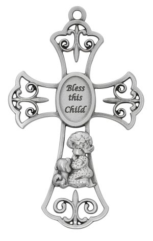 Baby Pewter Girl with Puppy Cross Boxed