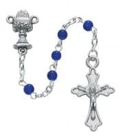 Blue Glass Communion Rosary with Cross Boxed