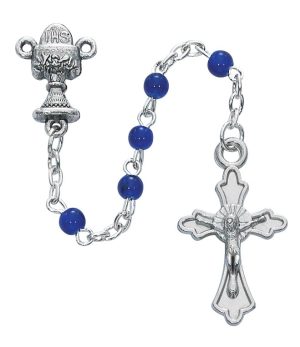 Blue Glass Communion Rosary with Cross Boxed