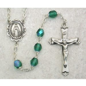 Dark Green Glass May Rosary Boxed