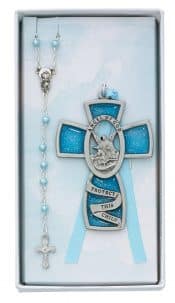 Blue Crib Cross and Pink Rosary Set Boxed