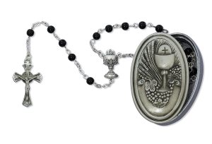 Black Wood Rosary in Pewter communion box