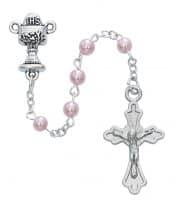 Pink Pearl Communion Rosary with Cross Boxed