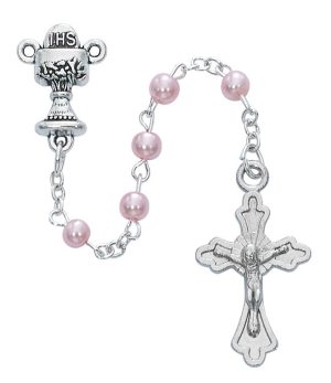 Pink Pearl Communion Rosary with Cross Boxed