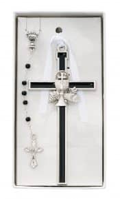 Black Communion Cross and Rosary Set Boxed