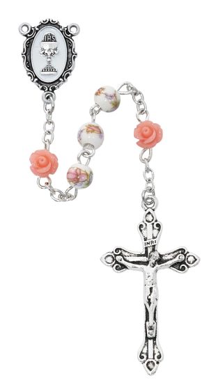 Pink Ceramic Communion Rosary, Boxed