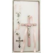Pink Shell Rosary and Pink Crucifix Set Boxed