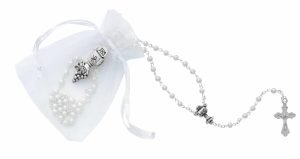 Small White Rosary and Communion Pin in Pouch
