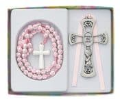 Girls Pink Cross Rosary with Crib medal Boxed