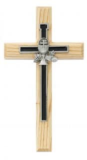 7" Natural  Wood and Black Overlay Communion Cross Boxed