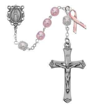 Pink Pearl like  Cancer Rosary Boxed