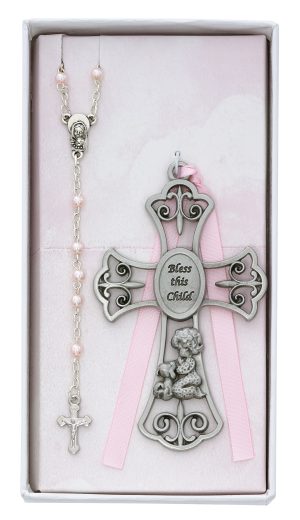 Baby Girl and Puppy Crib Cross and Rosary Boxed
