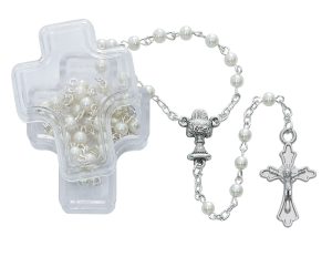 Imitation Pearl Communion Rosary with Cross Boxed