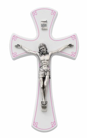 6in White and Pink Girls Wall Crucifix