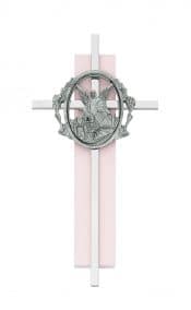 6in Pink Wood Guardian Angel Silver Cross Boxed