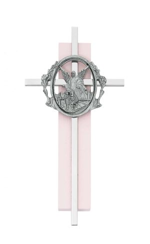 6in Pink Wood Guardian Angel Silver Cross Boxed