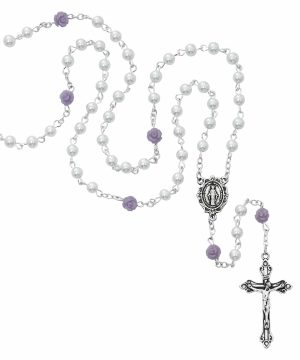 White Pearl Glass Miraculous Rosary Boxed