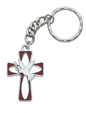 Red and White Enameled Holy Spirit Key Ring Carded