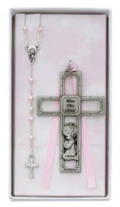 Pink Rosary with Girl Cross Set Boxed