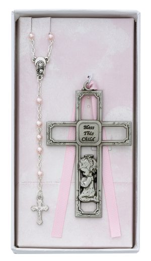 Pink Rosary with Girl Cross Set Boxed