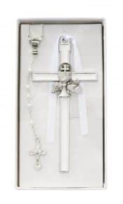 White Communion Cross and Rosary Set Boxed