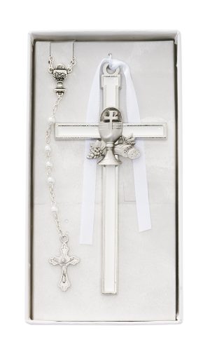 White Communion Cross and Rosary Set Boxed