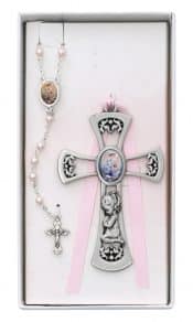 Crib Cross and Pink Rosary Set Boxed