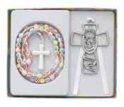 Multi-Color Cross Rosary with Crib medal Boxed