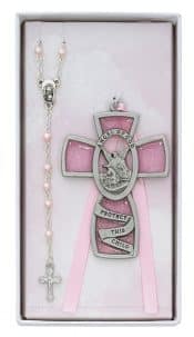Pink Crib Cross and Pink Rosary Set Boxed