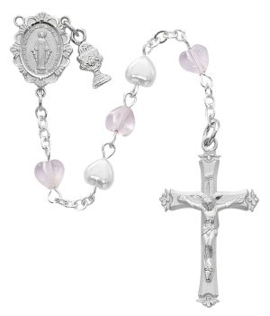 Pink and White Heart Communion Rosary Boxed