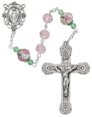 Pink & Flower Crystal Rosary Boxed