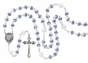 Blue Ceramic Miraculous Rosary with Flowers Boxed